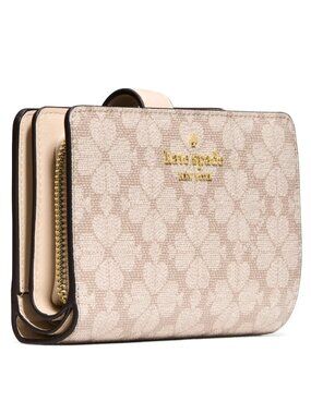 New Kate Spade Signature Spade Flower Medium Bifold Wallet Dark Beige Moon Dust